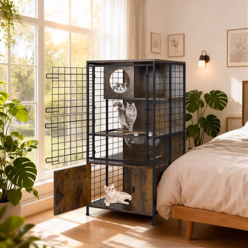 Armadio per gatti Design Mania in legno e metallo con amaca, struttura a più livelli con porta a rete, marrone e nero – 2