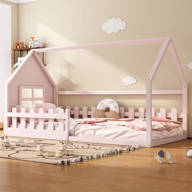 Letto per bambini 90x200 cm a forma di casa in legno rosa