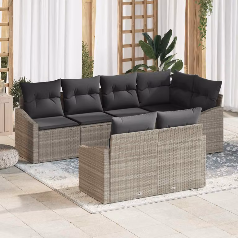 Set Divano da Giardino vidaXL a Forma di L in Polyrattan Grigio con Cuscini, 7 Pezzi