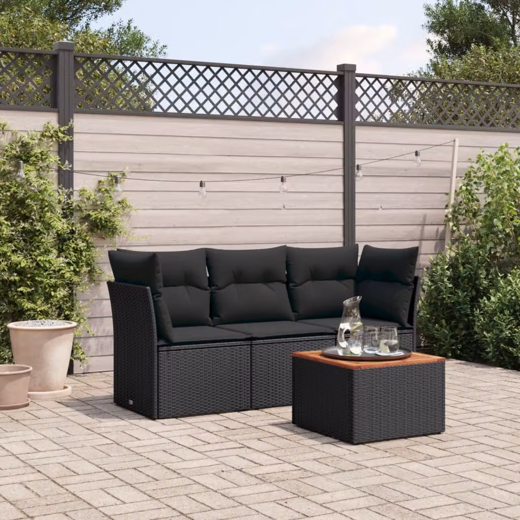 Set di divani da giardino vidaXL in polyrattan nero con cuscini e tavolino da esterno a forma di L – 1