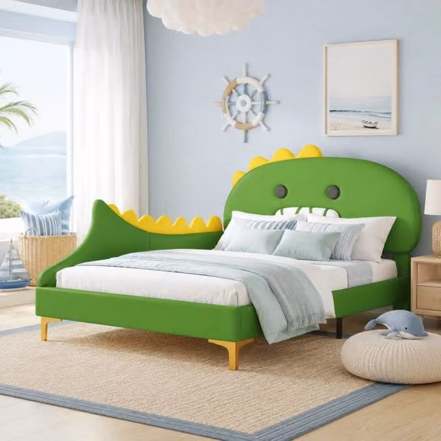 Letto per bambini REDOM con struttura a casetta in ecopelle verde, L/P/H: 209 x 140 x 110 cm