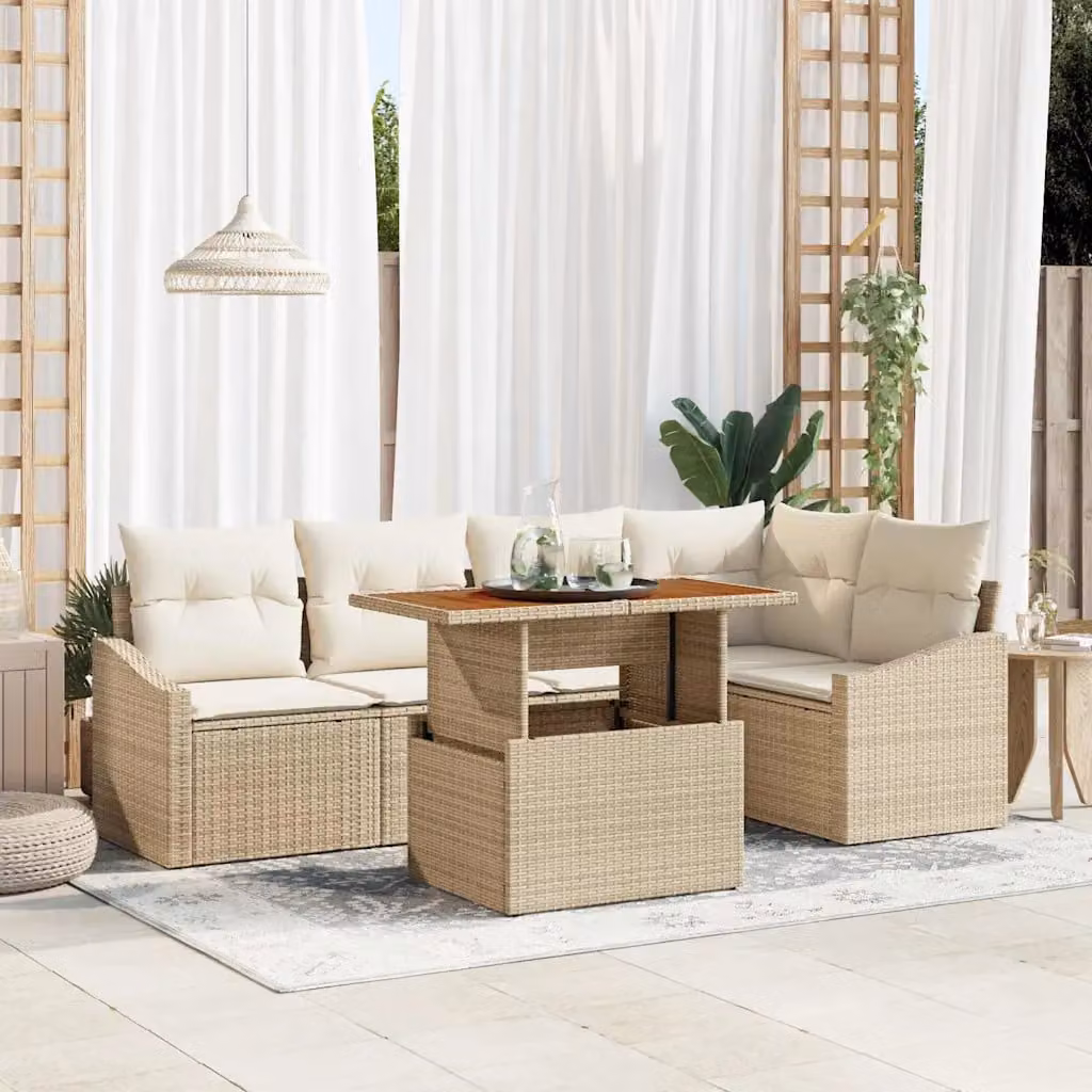 Set Divano da Giardino a L vidaXL 6 pz Beige con Cuscini e Tavolino in Rattan e Metallo