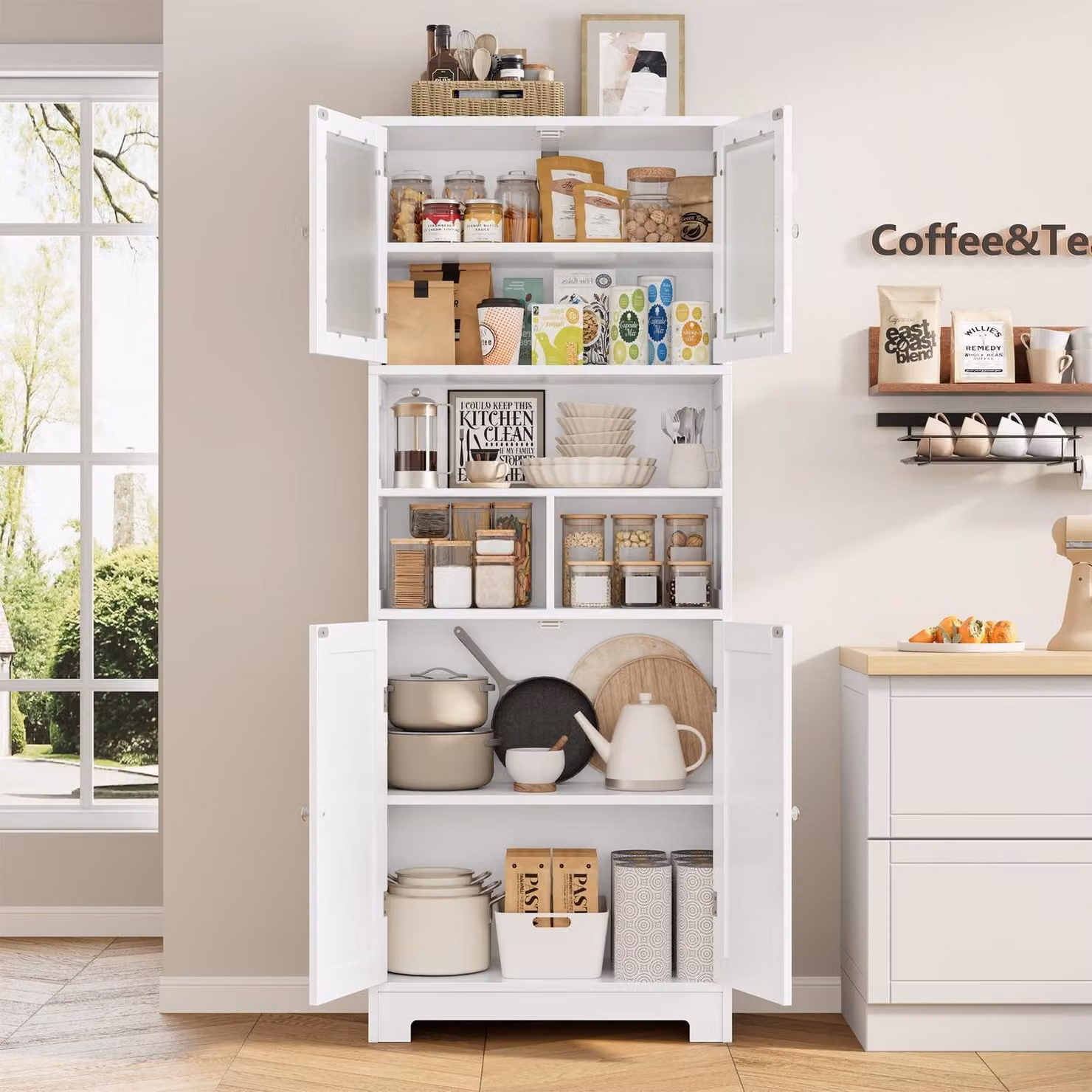 Armadio alto per cucina, 147,5 cm di altezza, con 4 ante e ripiano interno regolabile, colore bianco
