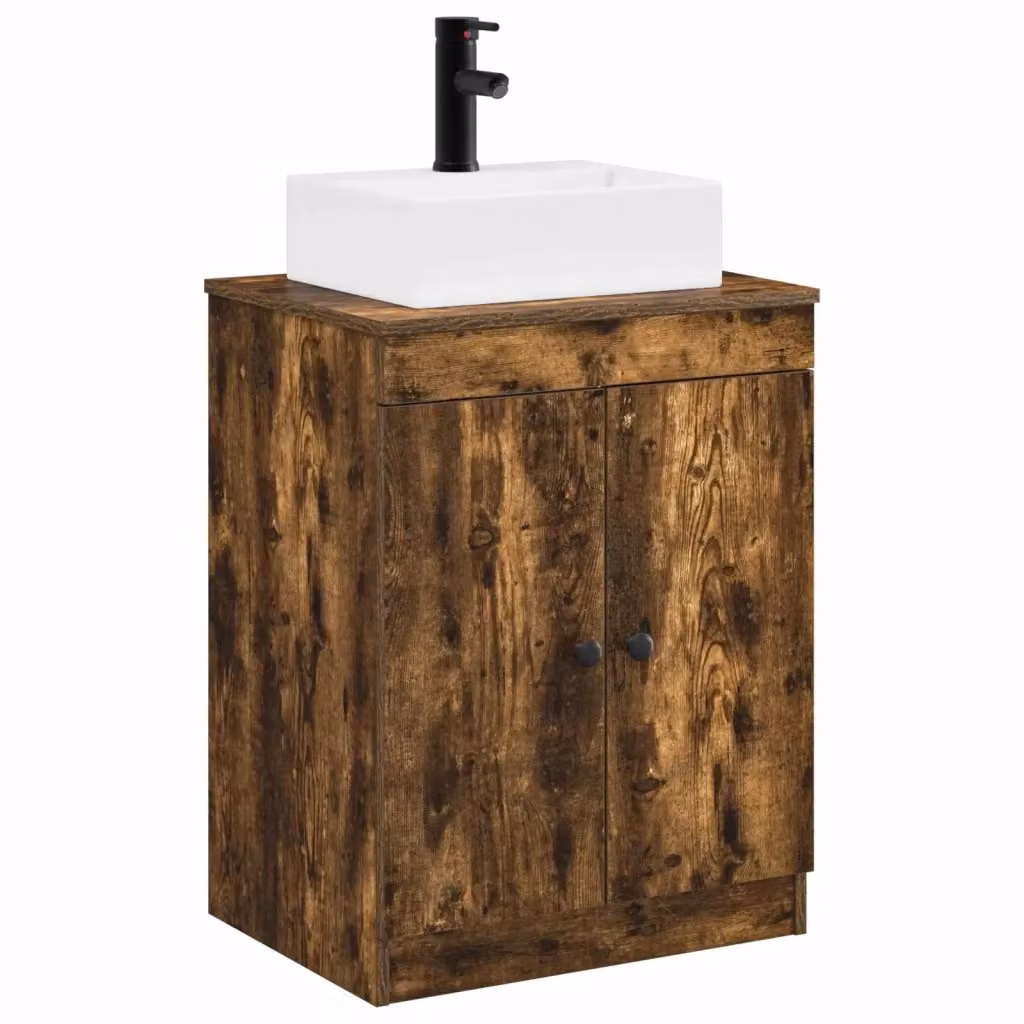 Set di mobili per il bagno moderno vidaXL in legno ingegnerizzato color rovere fumo marrone con ante a battente e ripiani interni – 2