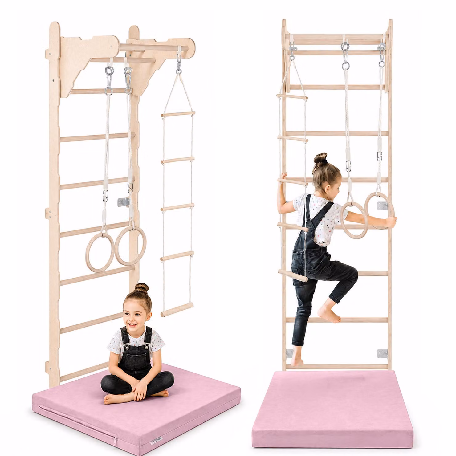 Scala da ginnastica per bambini (210 cm) | Scala da parete in legno | Struttura da arrampicata per bambini | Ruote da ginnastica | Materassino protettivo | Scala in corda | 100% ECO