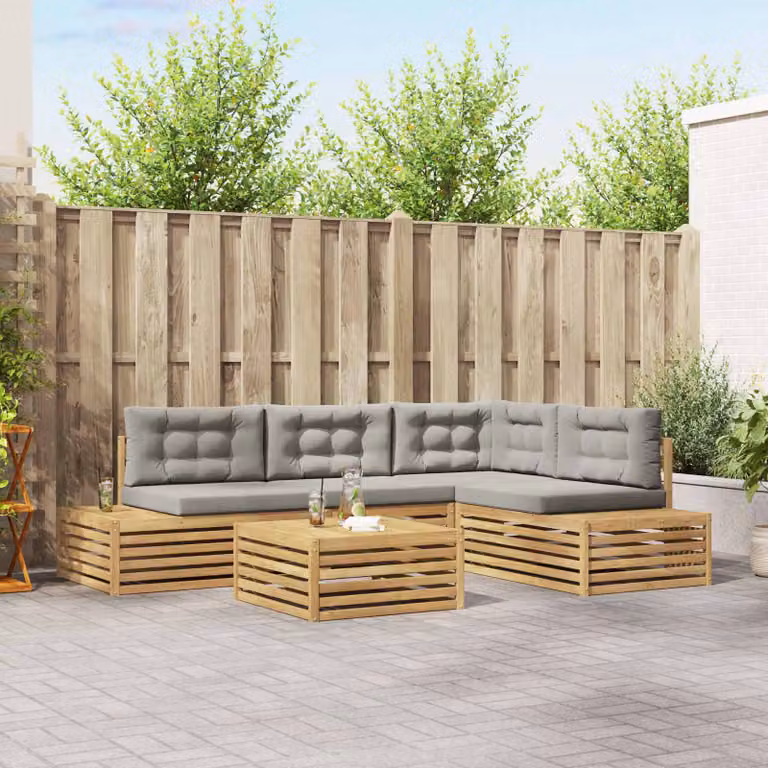 Set di 6 divani da esterno moderni vidaXL in legno di acacia con cuscini in poliestere bianco, grigio o marrone per giardino e terrazza