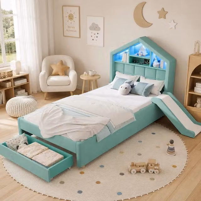 Letto per bambini imbottito in velluto verde petrolio con scivolo, luci LED, porta USB, mensola e vano contenitore, L/P/H: 200 x 90 x 114,5 cm – 1