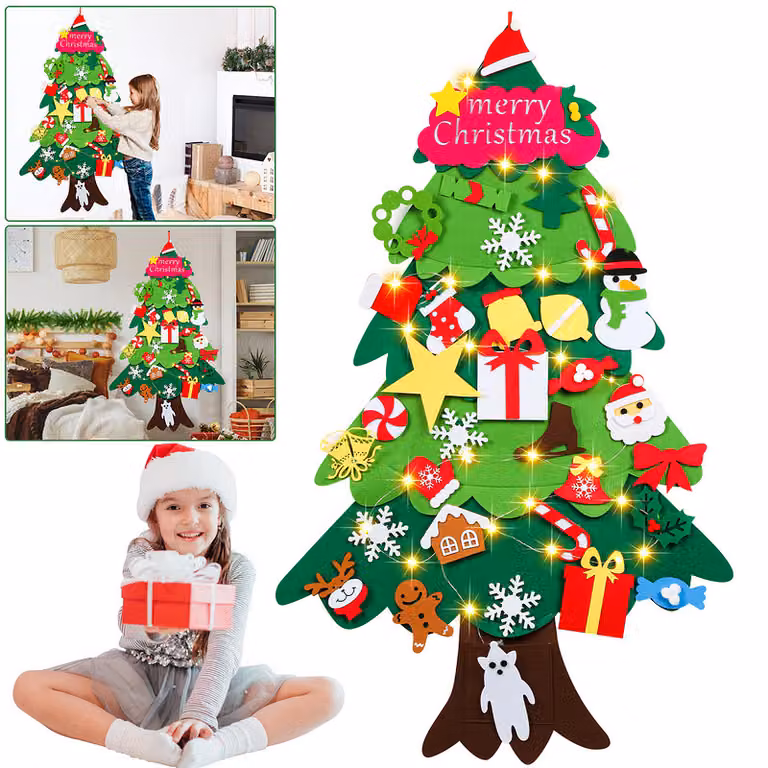 Jopassy Feltro Albero di Natale fai da te LED Albero di Natale Set di Natale appeso Replica per bambini Regalo di Natale con luci LED