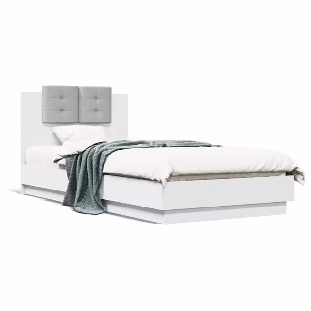 Letto singolo moderno per adulti con testiera imbottita in tessuto e struttura in legno, Bianco e Grigio, L/P/H: 100 x 200 x 84 cm – 1