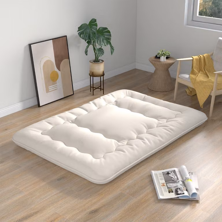 Materasso futon portatile Costway con copertura lavabile e sacca da trasporto, tappeto arrotolabile beige, L: 140 cm, P: 200 cm