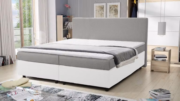 Letto boxspring 180x200, modello da hotel con rete a molle Bonell, coprimaterasso Paxos 6, grigio e bianco