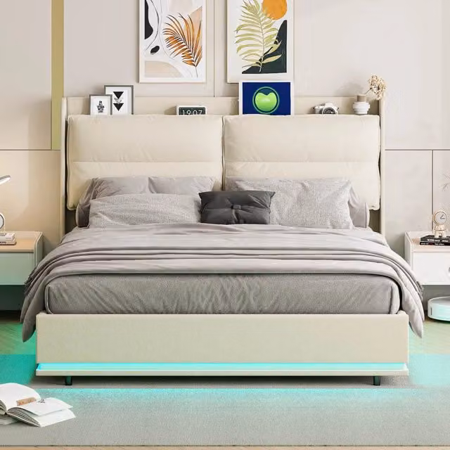 Letto Matrimoniale 140x200 cm; Letto Contenitore Idraulico Imbottito; Luci LED e Porta USB; Struttura Letto in Velluto; Beige; Senza Materasso