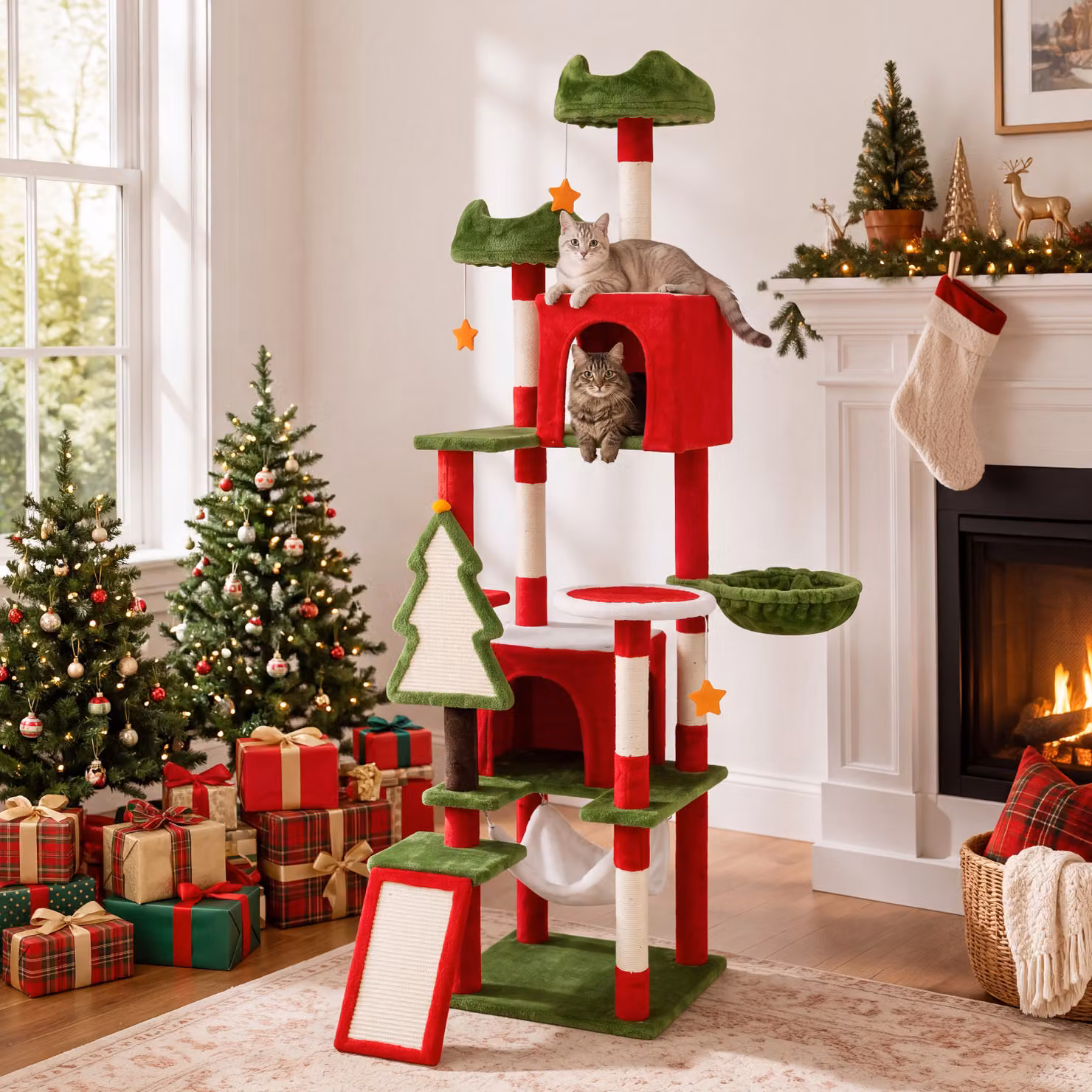 Costway Albero per gatti da interno a tema natalizio, Tiragraffi per gatti con 2 posatoi 6 piattaforme di salto 2 cucce palo avvolto in sisal e base ampia