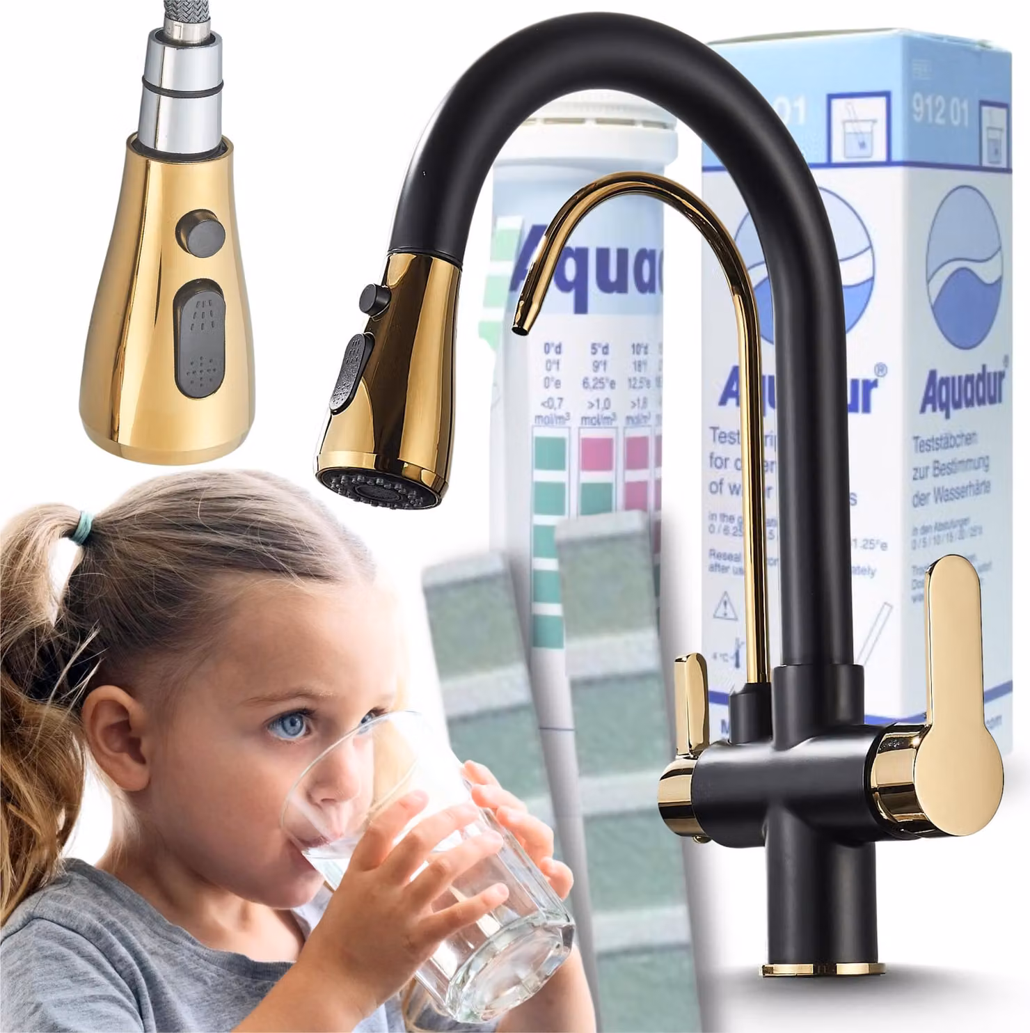 Rubinetto da cucina a 3 vie Ari Nordic con doccetta estraibile, collegamento filtro acqua, beccuccio girevole 360, nero oro