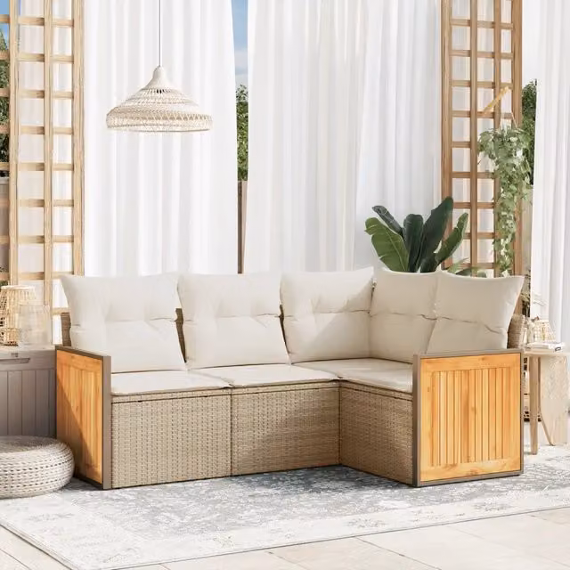Set Divano da Giardino 4 pz con Cuscini-Sofa da Giardino-Divanetto da esterno Beige in Polyrattan 480101