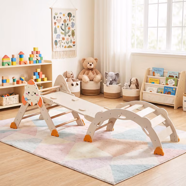 Set da arrampicata Montessori Costway 8 in 1 in legno naturale multicolore con cuscino per bambini dai 1 anni in su