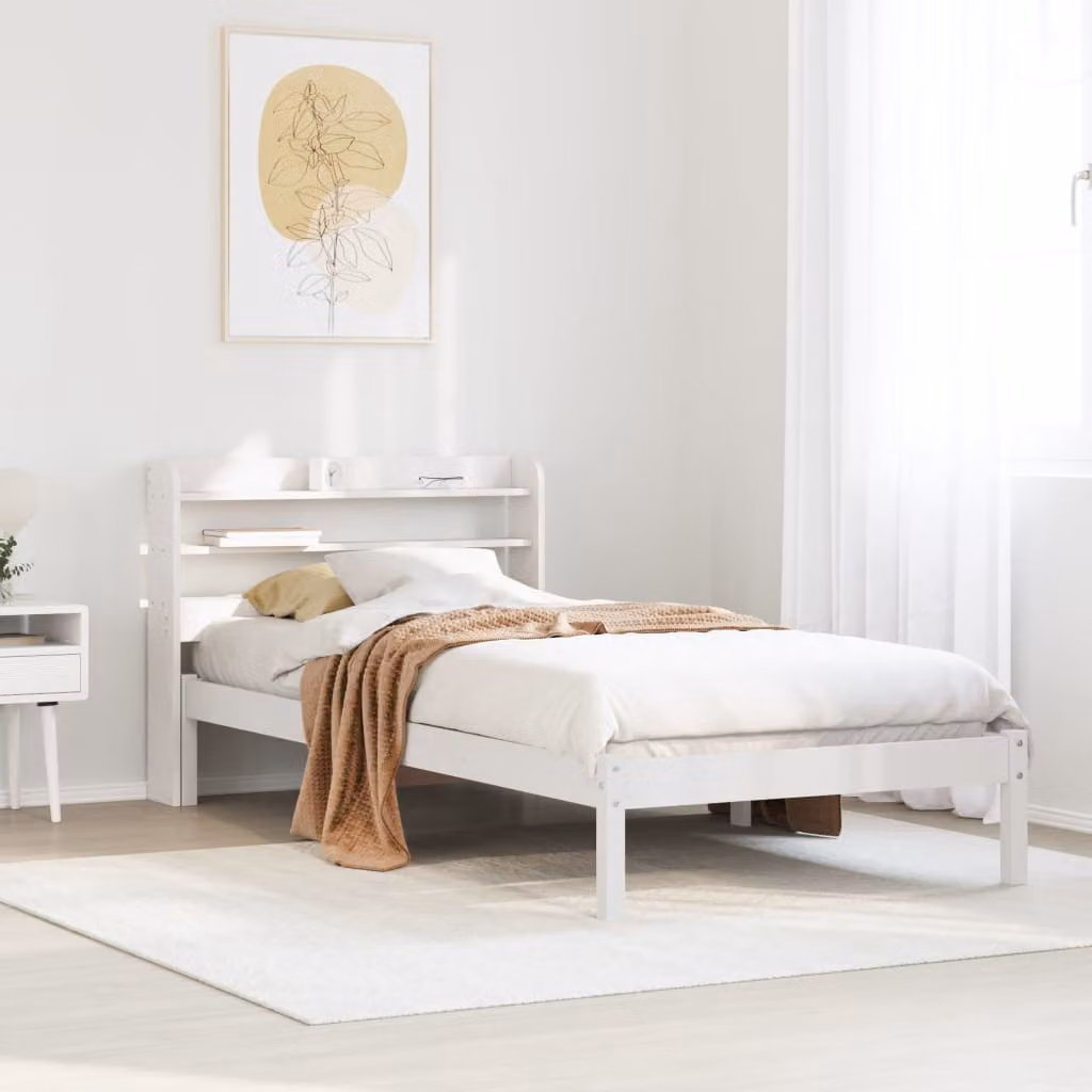 vidaXL Letto per adulti in legno di pino massello bianco con ripiani laterali L 90 x P 200 cm