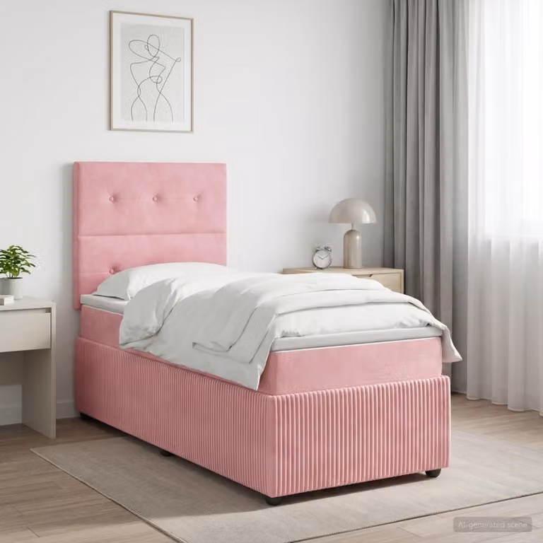 Letto Box Spring vidaXL in Velluto Rosa con Materasso Ibrido e Illuminazione LED, L 200 cm x P 90 cm