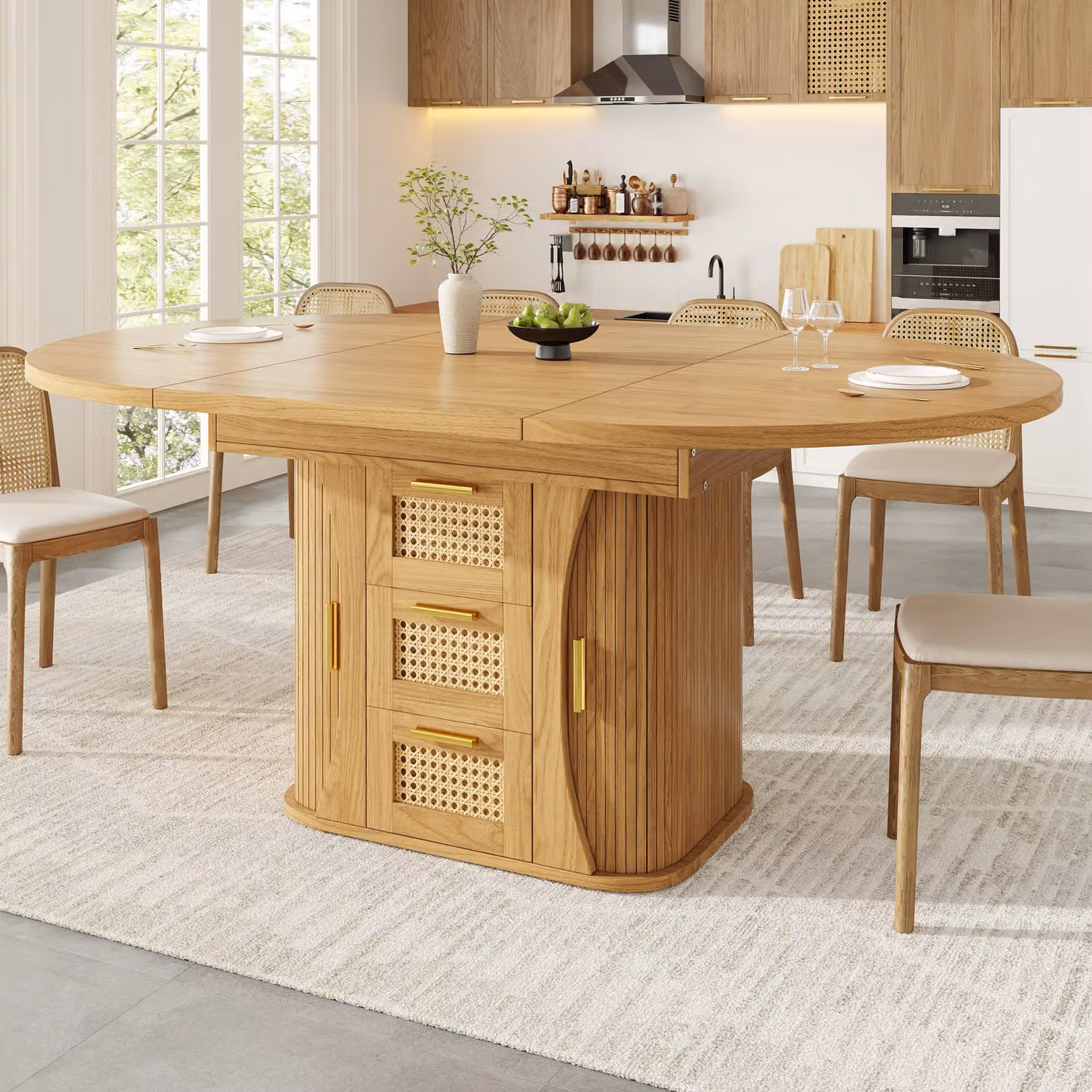 Tavolo da pranzo allungabile Flieks con vano portaoggetti integrato e finitura effetto rattan, tavolo da cucina, tavolo da pranzo 118-158 x 118 x 77,1 cm, legno naturale