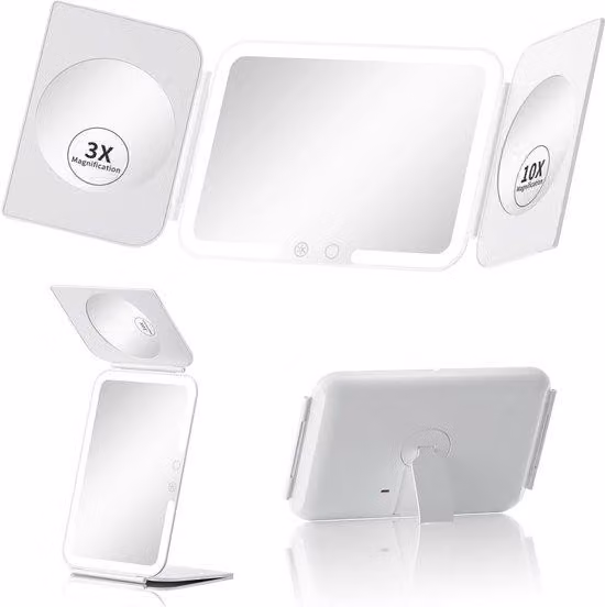 Splendido specchio da trucco a tripla illuminazione con batteria da 5000 mAh, ingrandimento 1x/3x/10x, specchio da viaggio ultrasottile con 3 tonalità di luce e diverse impostazioni di altezza