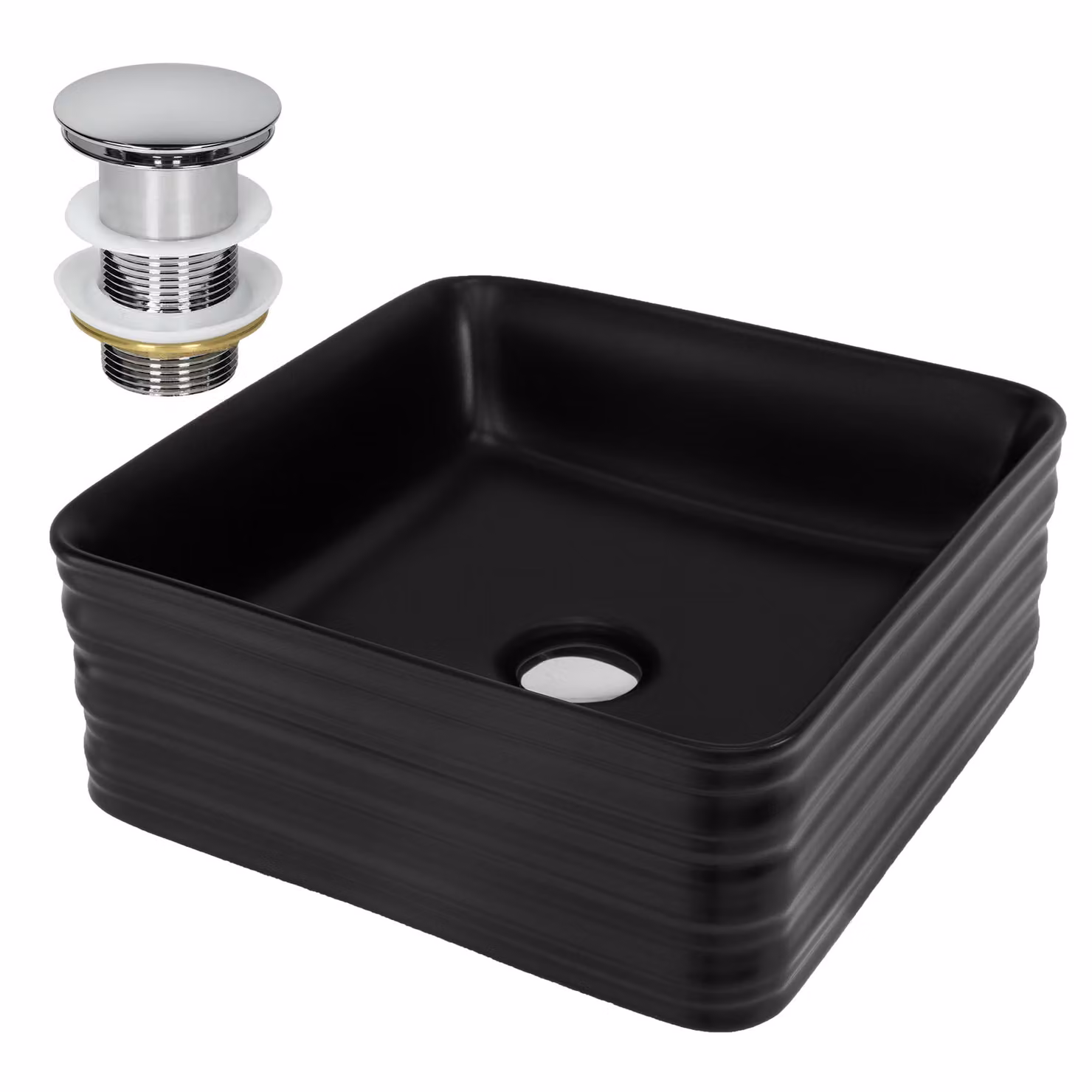 LuxeBath Lavabo Lavabo da appoggio Square, 39x39x15 cm, nero, Vetroceramica, incl. set di scarico senza troppopieno