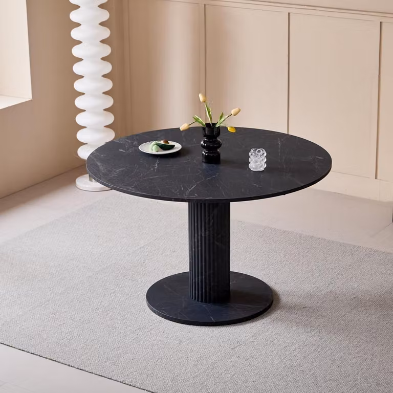 Tavolo rotondo da pranzo con finitura effetto marmo, gambe cilindriche, dimensioni 115 x 115 x 75 cm, colore nero