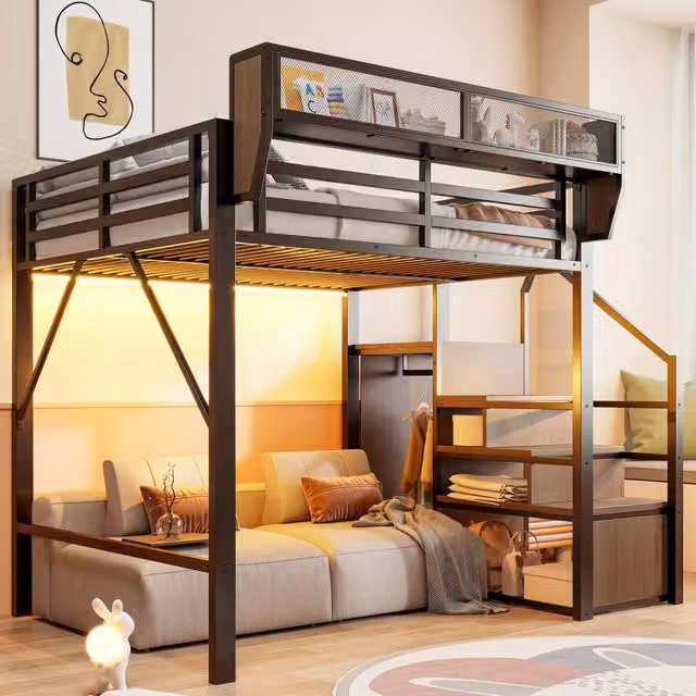 Letto a soppalco Mivray nero con ripiano regolabile, scala di sicurezza e illuminazione LED multicolore in metallo e MDF, L/P/H: 200 x 140 x 191 cm – 1
