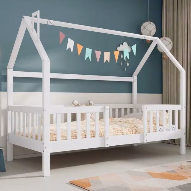 Letto casetta per bambini 90 × 200 cm con tetto e recinto, senza materasso, in legno di pino bianco