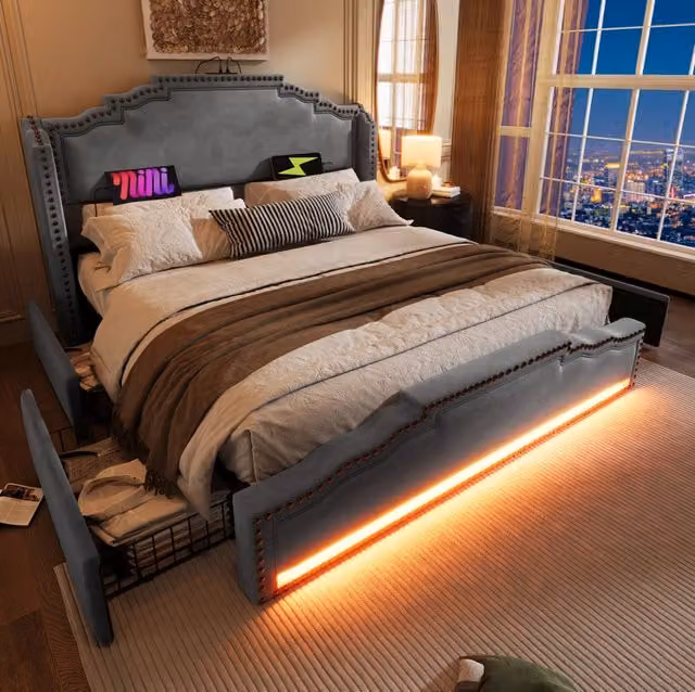 Letto imbottito grigio 160 x 200 cm con cassetti, LED, ricarica e materasso