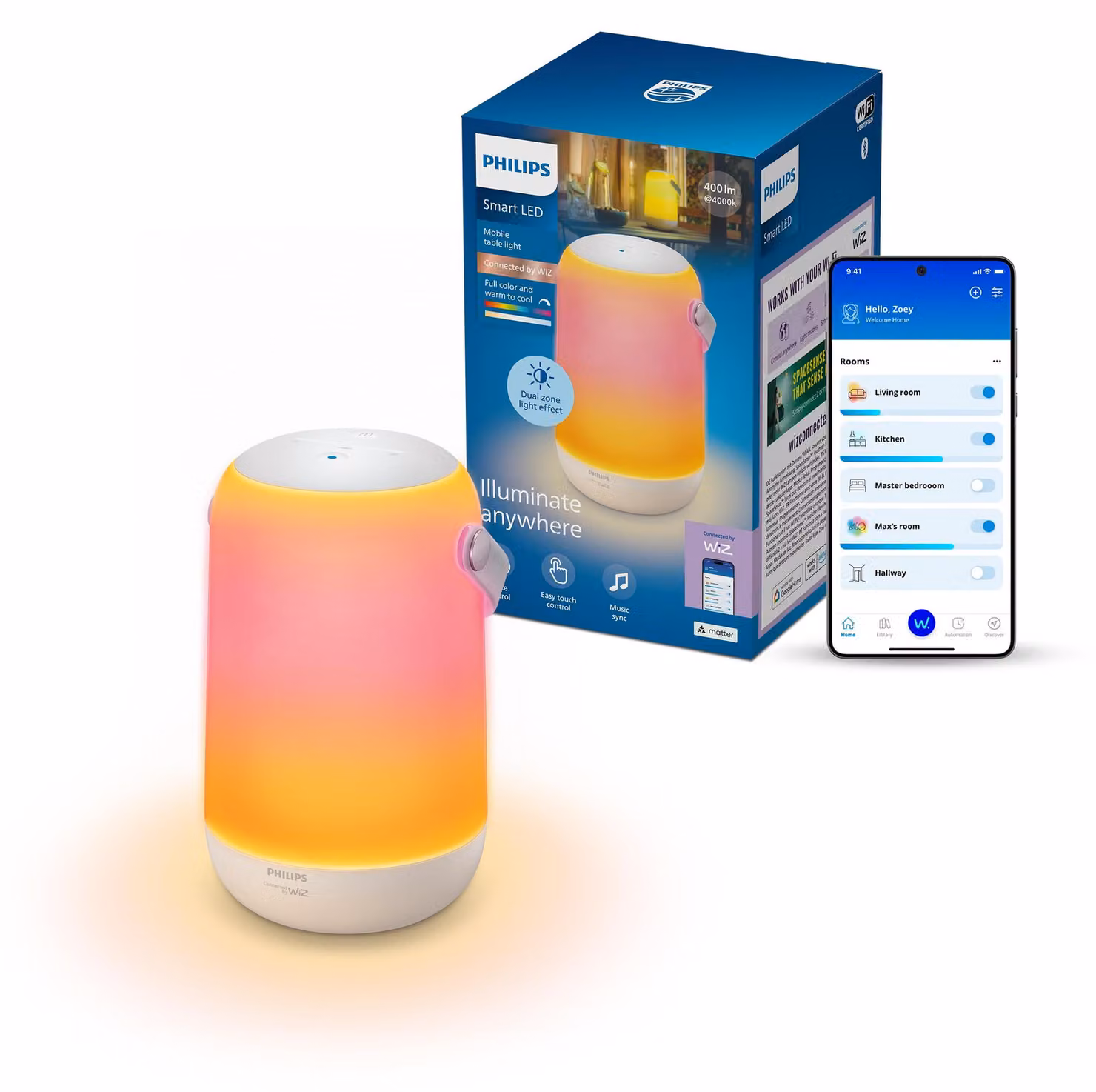 Lampada da tavolo portatile Philips, con Wi-Fi/Bluetooth, bianca, Wi-Fi 4 (802.11n), 802.11b, 802.11g, LED, plastica, altro
