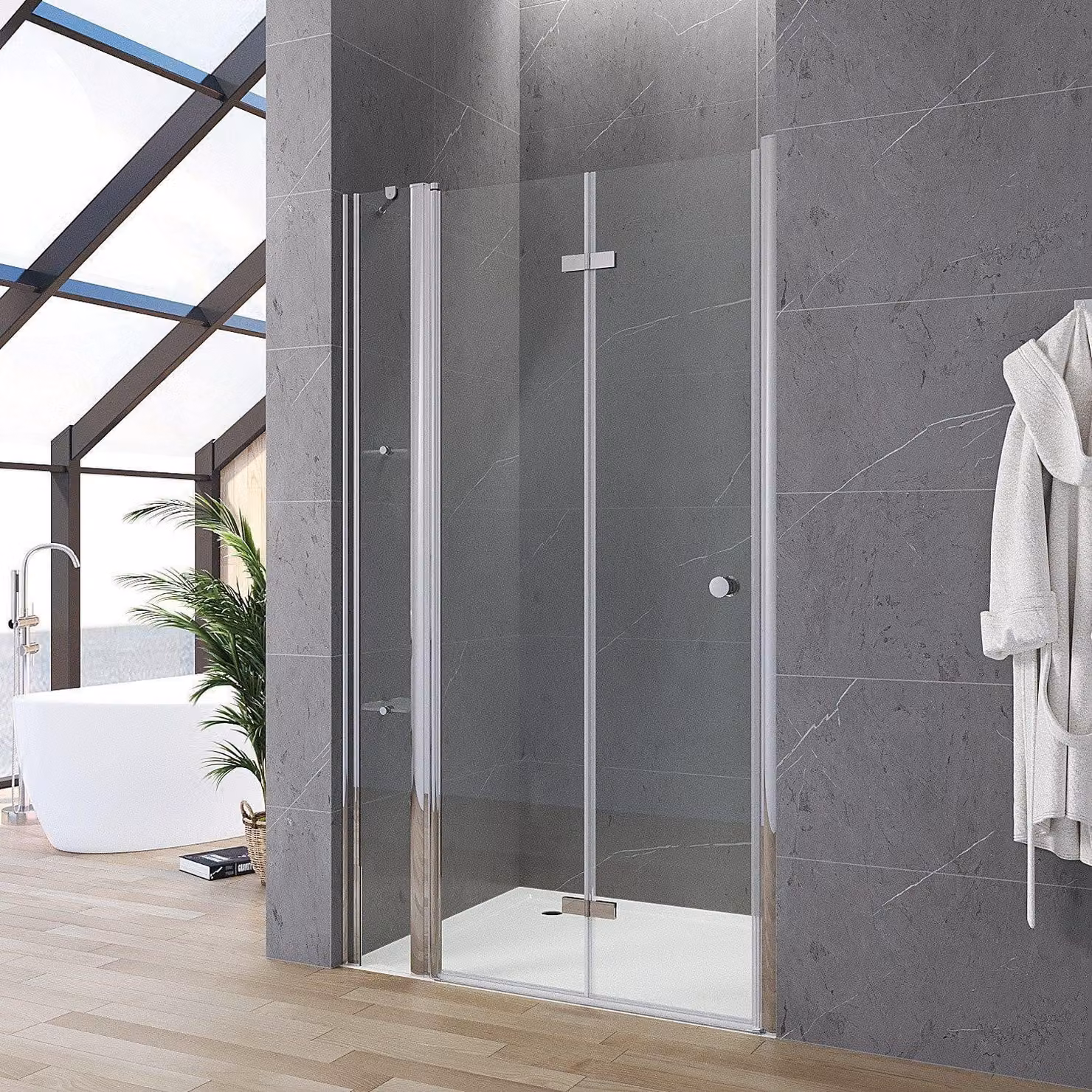 Cabina doccia in robusto vetro di sicurezza ESG Porta a nicchia trasparente a soffietto Schermo doccia a battente Porta a soffietto su parte fissa 140 x 187 cm con ripiani doccia