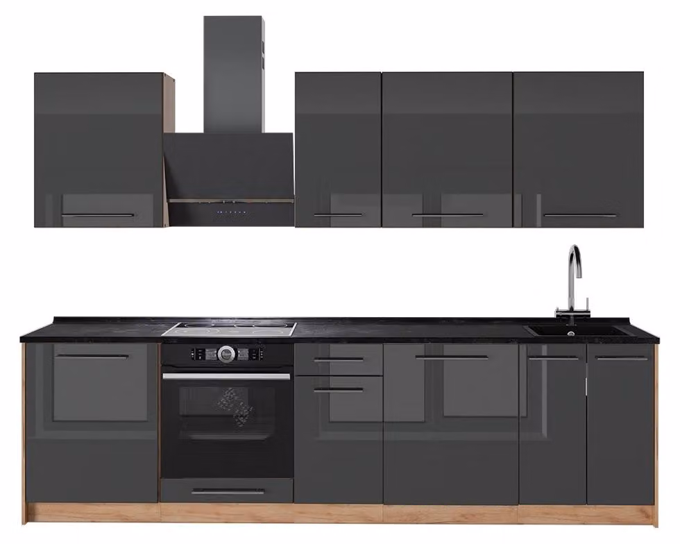 Cucina componibile Vicco Fame-Line Antracite lucido/Rovere dorato 280 cm, PL Antracite, Model 64188