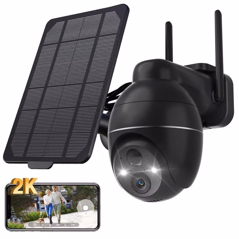Telecamera di sicurezza per esterni, wireless, risoluzione 2K QHD, alimentata a energia solare, rotazione a 360 gradi, visione notturna a colori