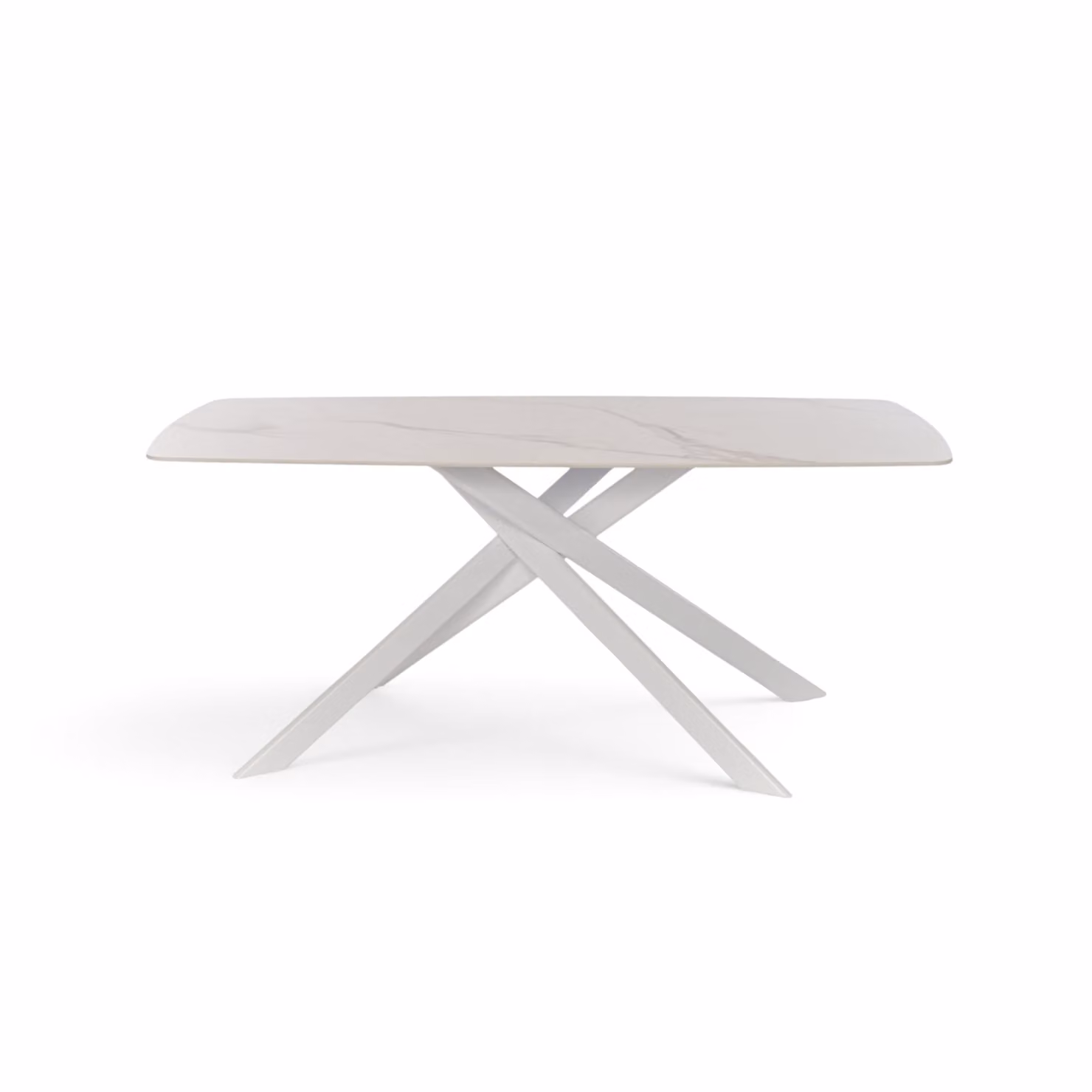 Tavolo SAINT FLORENT con piano in ceramica effetto calacatta oro e gambe incrociate in metallo verniciato bianco, 180x90x76 cm