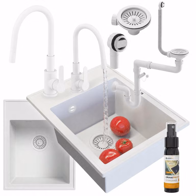 Granitan - Lavello in granito - Lavandino 50x40 cm - Lavello cucina bianco - con miscelatore - NERO