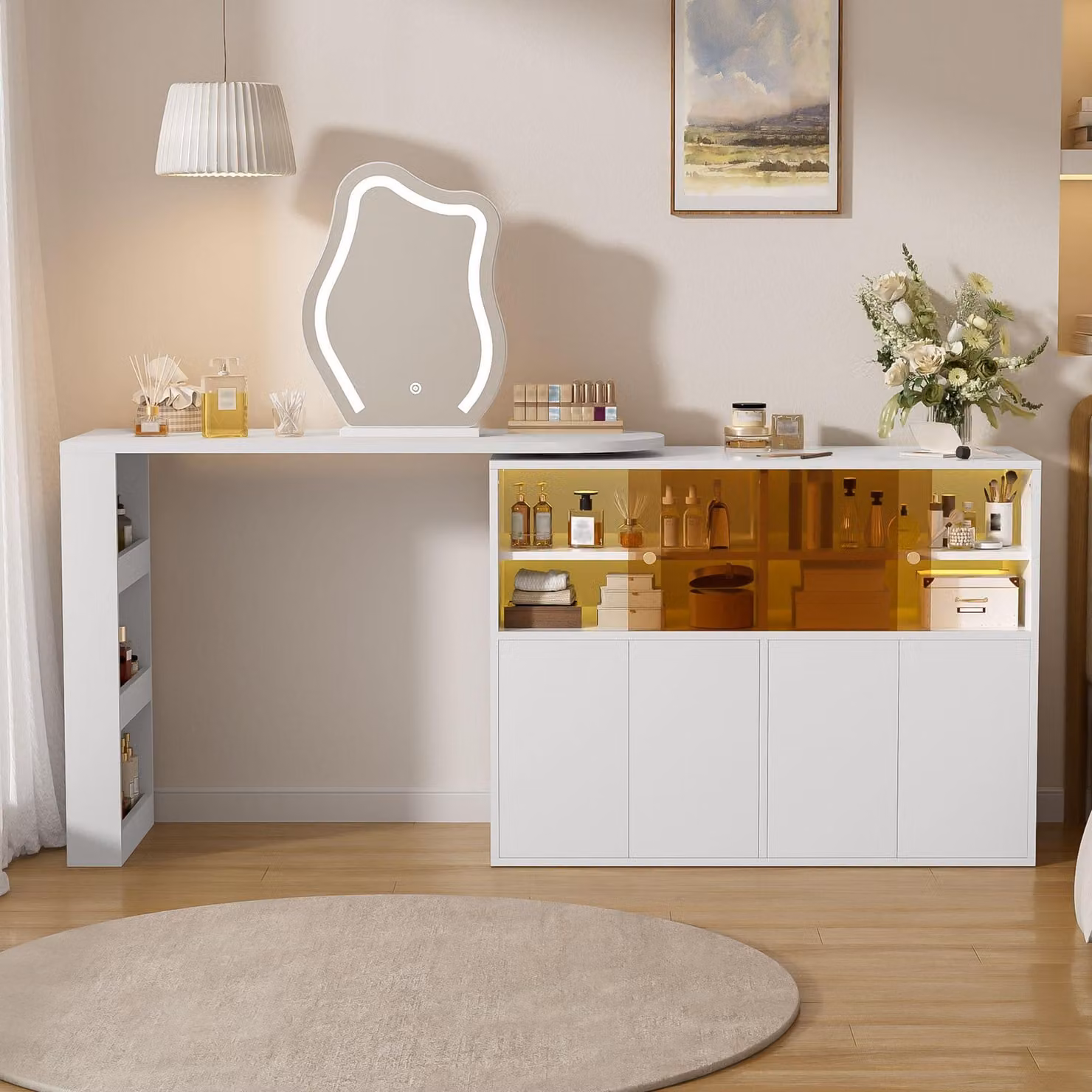 Comò da trucco Merax con illuminazione a LED, mobile contenitore laterale, tavolino da trucco, scrivania, armadio angolare con specchio e spazio contenitivo, bianco