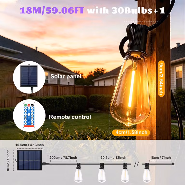 Catena luminosa solare ST38 - Illuminazione per esterni - 18 metri con 30 luci - Telecomando - 4 livelli di luminosità - Accensione automatica al crepuscolo - Grado di protezione IP44, resistente all'acqua