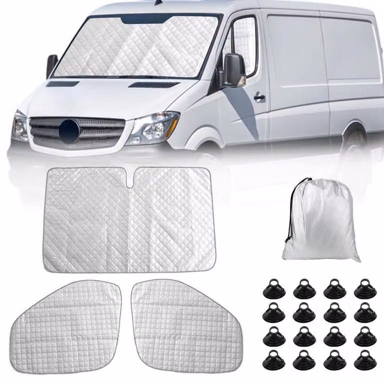 Parasole per parabrezza, composto da 3 pezzi, per Mercedes Sprinter dal 2006 al 2018. Tappetino termico in alluminio, pieghevole