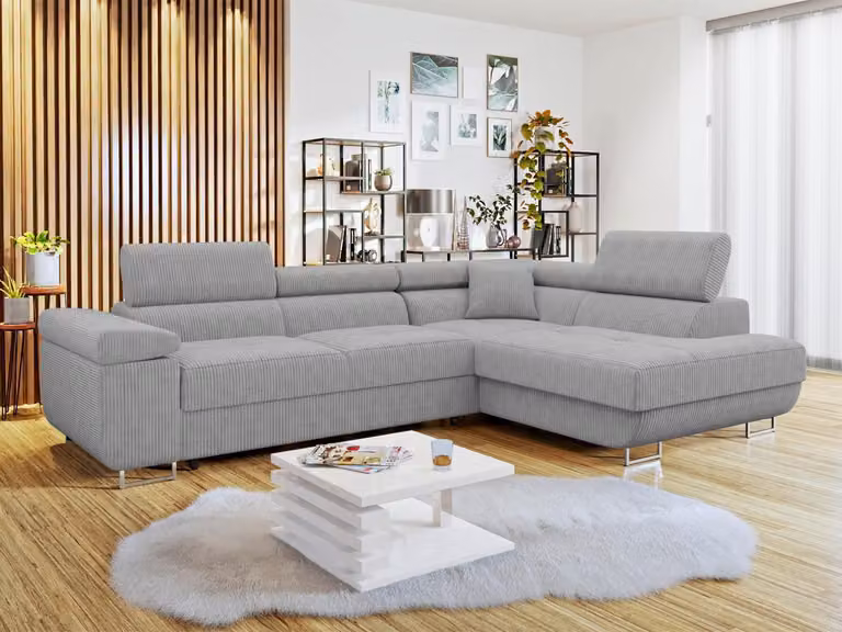 MIRJAN24 Divano angolare Torezio Cord, Elegante divano angolare con box letto e funzione notte, Poggiatesta regolabili, 274x203x70-90 cm (Colore: Poso 110, Lato: Destro)