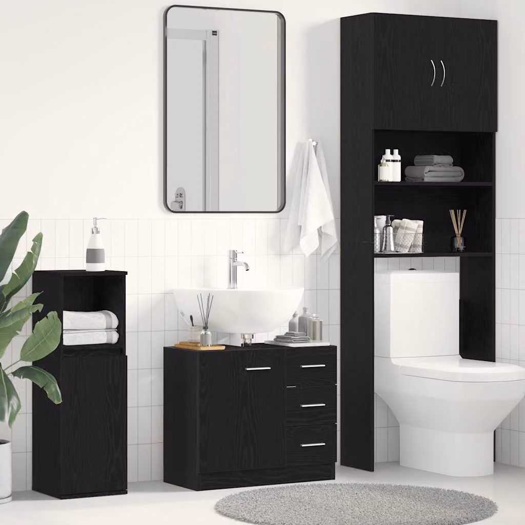 Lavabo Mobile vidaXL Rovere Nero con Ante a Battente e Cassetti, L 63 x P 30 x H 54 cm