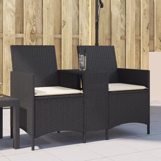 Set da giardino vidaXL composto da divano a 2 posti con tavolo e cuscini in polyrattan nero e bianco