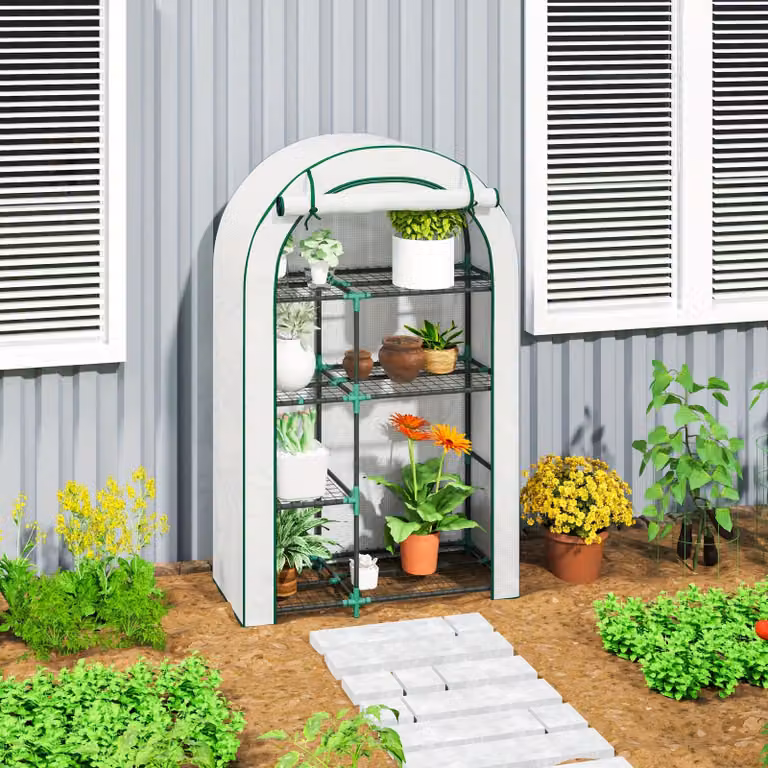 Kweekkas – Serretta compatta per balcone, con tetto curvo, struttura in metallo bianco, porta e ripiani, dimensioni 100x45x160 cm