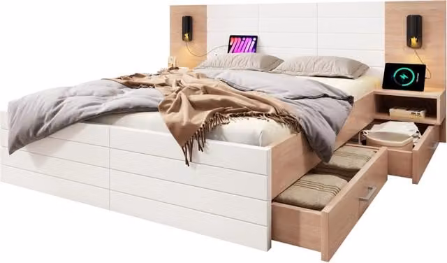 Letto matrimoniale 160×200 cm con 2 cassetti, lampada da lettura, USB e materasso incluso, bianco rovere