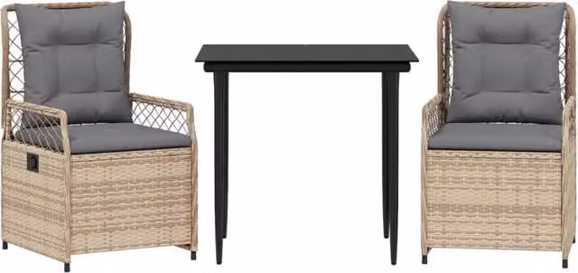 Set da Pranzo da Giardino 3 pz in Polyrattan con Piano in Vetro e Cuscini Beige