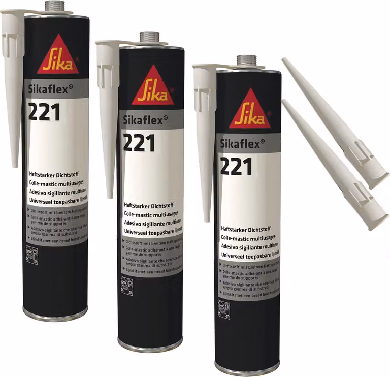 Sikaflex-221 Sigillante ad alta adesione resistente agli agenti atmosferici, 300 ml, nero, 3 set con 5 punte per ugelli