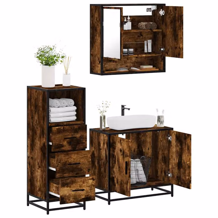 Set di mobili da bagno industrial vidaXL in legno e metallo color rovere fumo, composto da mobile lavabo, pensile e armadietto con specchio, L/P/H: 65 x 20 x 60 cm
