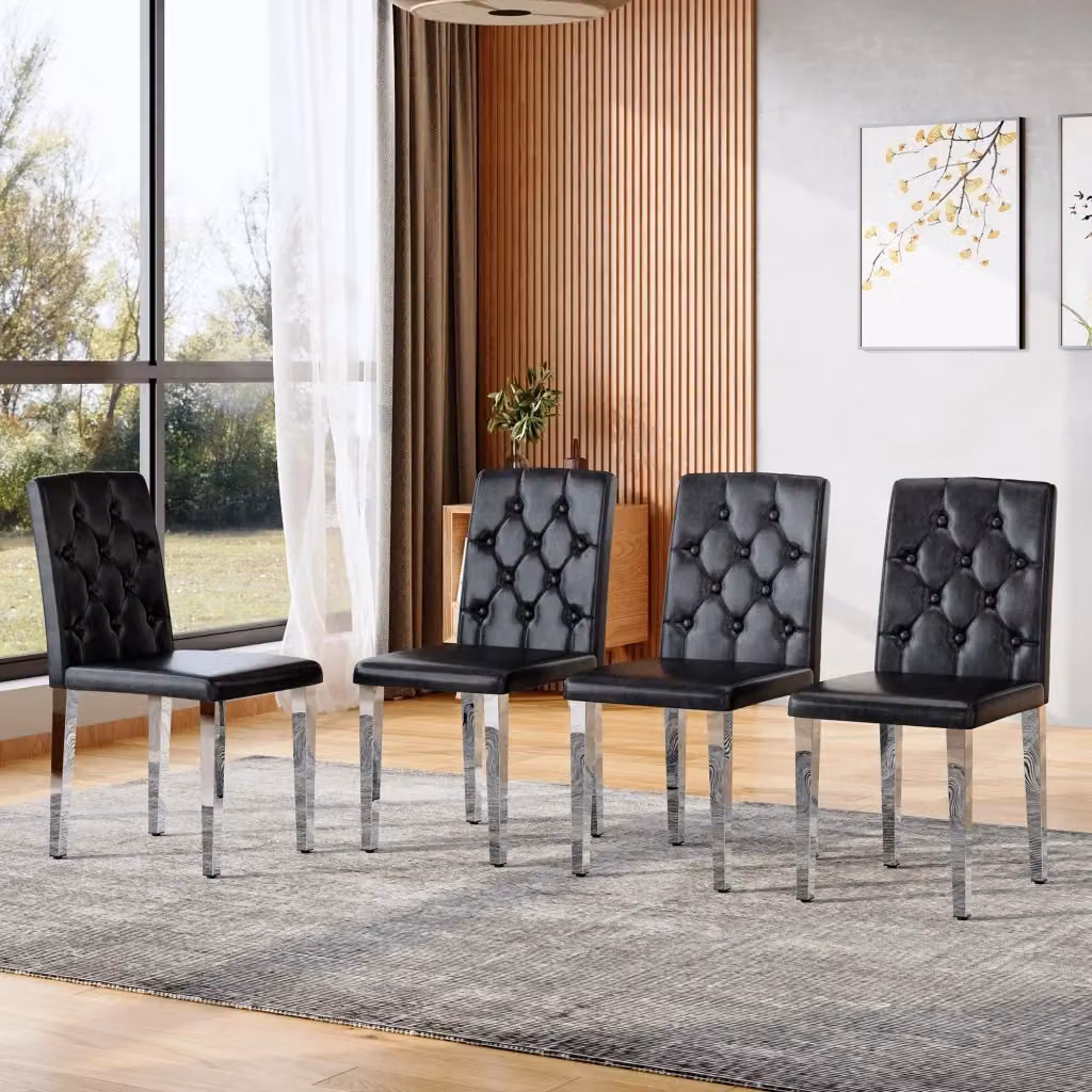 Set di 4 sedie da pranzo MINIMAL in ecopelle nero lucido con gambe in metallo argento – 2