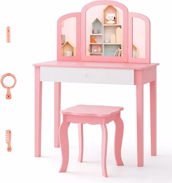Set toeletta e scrivania 2 in 1 Design Mania per bambini con specchio tripartito e cassetto, colore rosa
