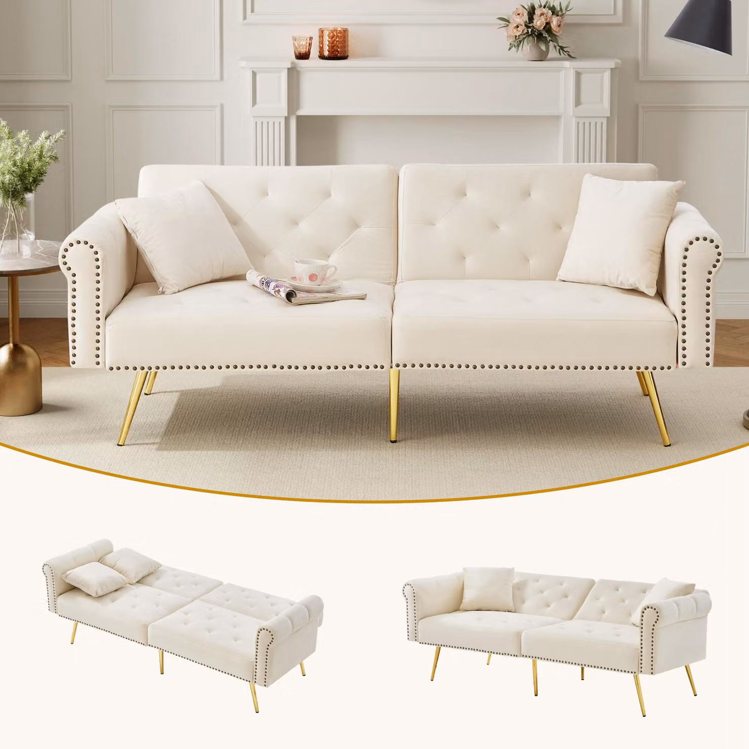 Fortuna Lai Divano letto moderno a 2 posti – rivestimento in velluto, schienale regolabile in 3 posizioni e piedini in metallo dorato Elegante divano con funzione letto – salvaspazio, resistente, ideale per spazi ridotti