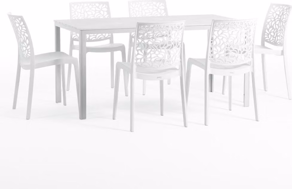 Set da pranzo per esterni con tavolo rettangolare 156x78 cm e 6 sedie impilabili in resina rinforzata con fibra di vetro - design moderno in look legno, ideale per giardino, terrazza e aree esterne coperte - THOMAS+ANNA - Bianco
